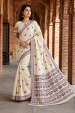 Hand embroidered off white Phulkari saree with colorful peacock motif and traditional Punjabi embroidery by The Amritsar Store