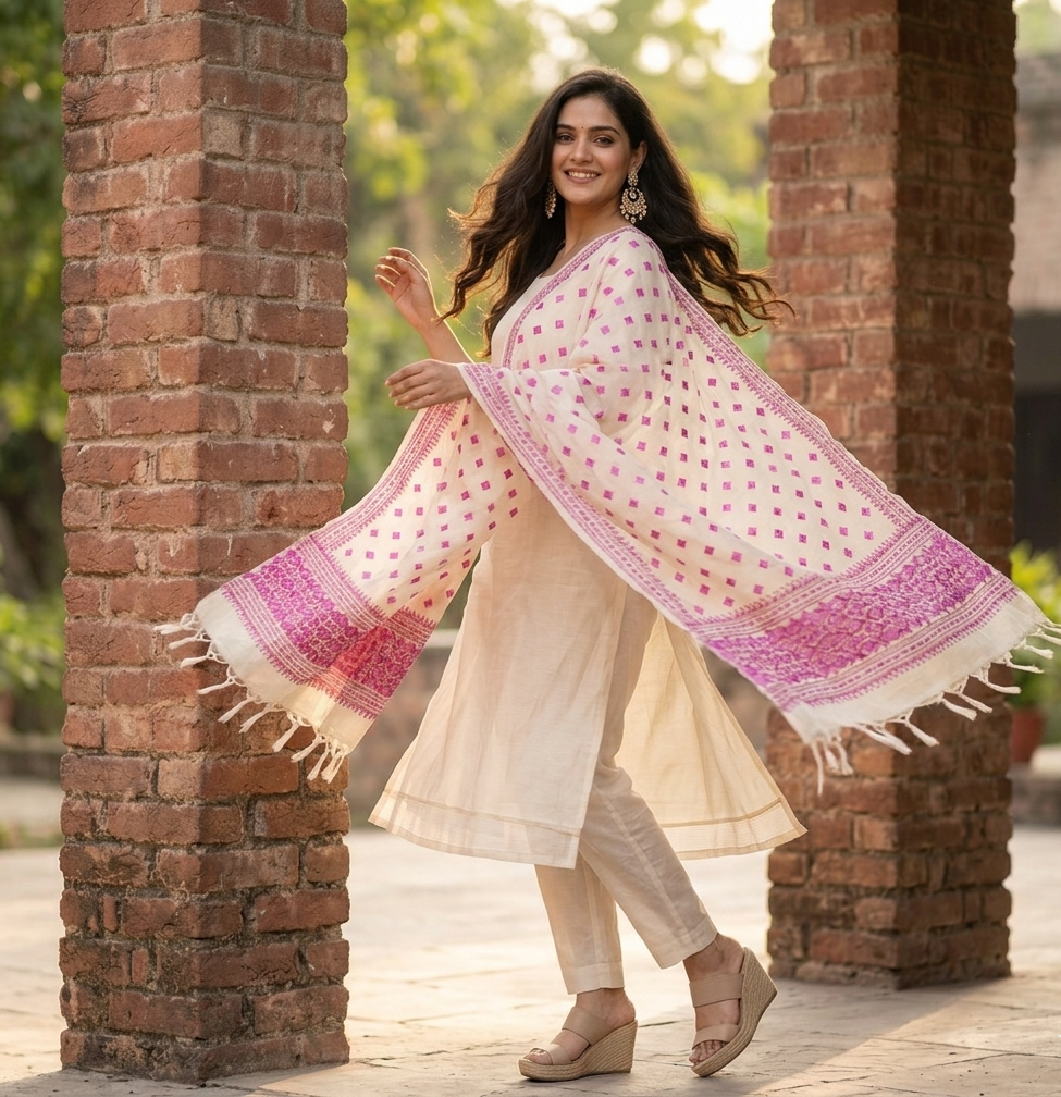 Hand embroidered Phulkari dupatta in off white with pink threadwork and traditional Punjabi design