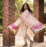 Hand embroidered Phulkari dupatta in off white with pink threadwork and traditional Punjabi design