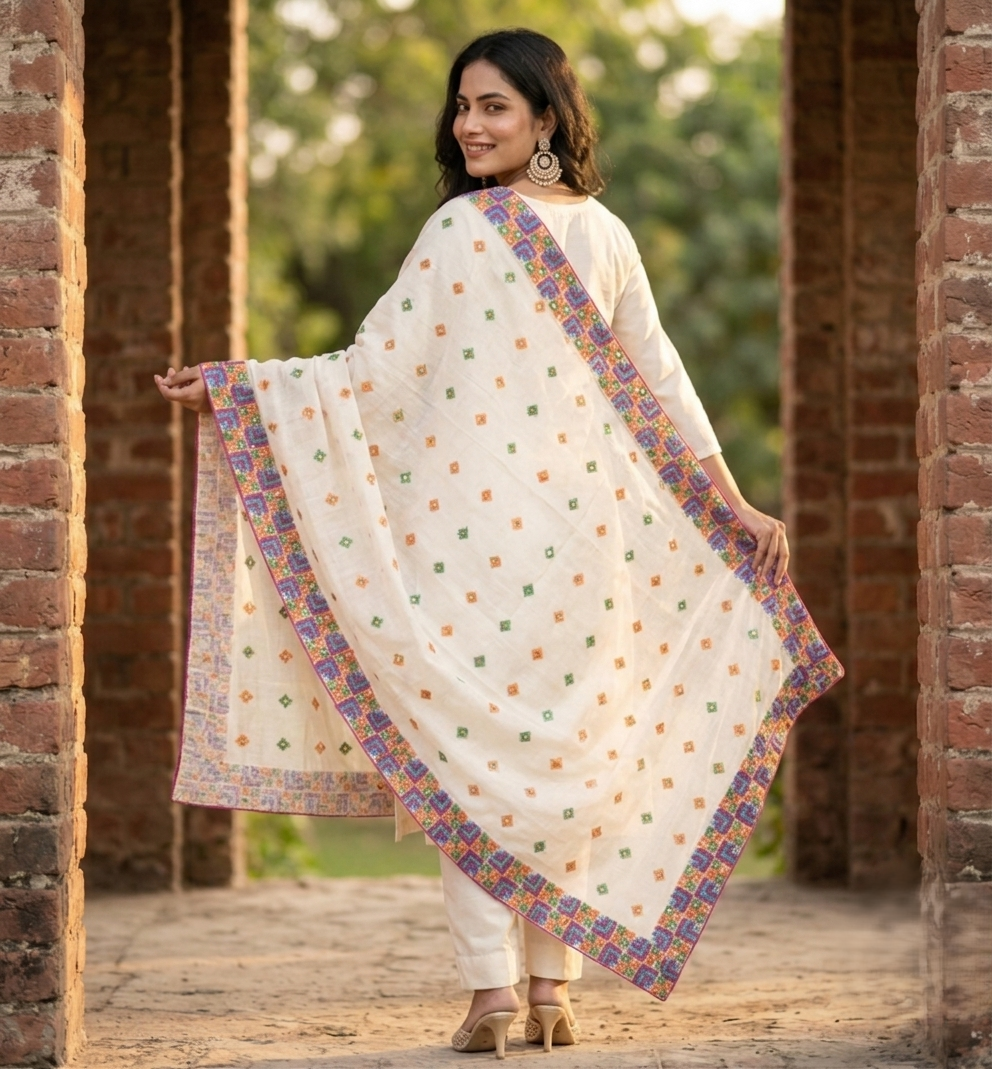 Hand embroidered off white Phulkari dupatta for women featuring traditional Punjabi embroidery and intricate artisan craftsmanship.