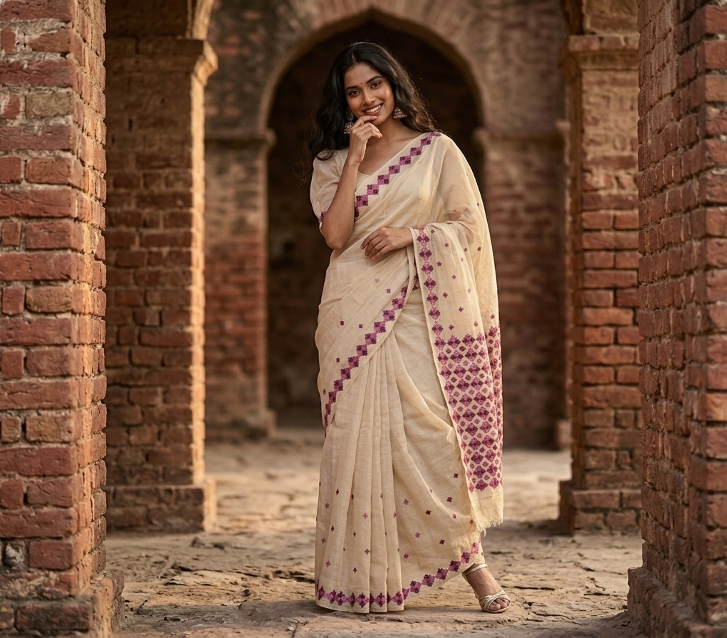 Hand embroidered off-white Punjabi Phulkari saree for women featuring traditional geometric embroidery and heritage craftsmanship.
