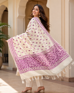 Phulkari Dupatta in off white and purple with hand embroidery for women by