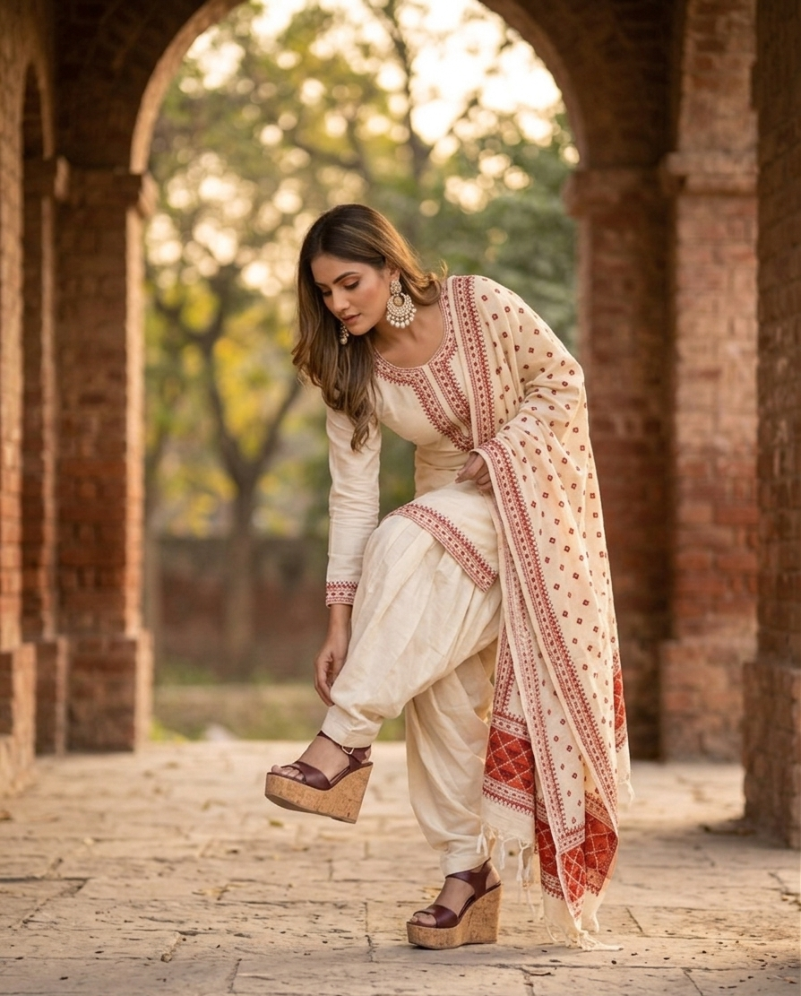 Hand embroidered off white Phulkari dupatta with red floral Punjabi embroidery by The Amritsar Store