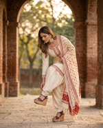 Hand embroidered off white Phulkari dupatta with red floral Punjabi embroidery by The Amritsar Store