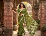 The Amritsar Store Phulkari Saree – Hand Embroidered Traditional Design in Olive Green Colo