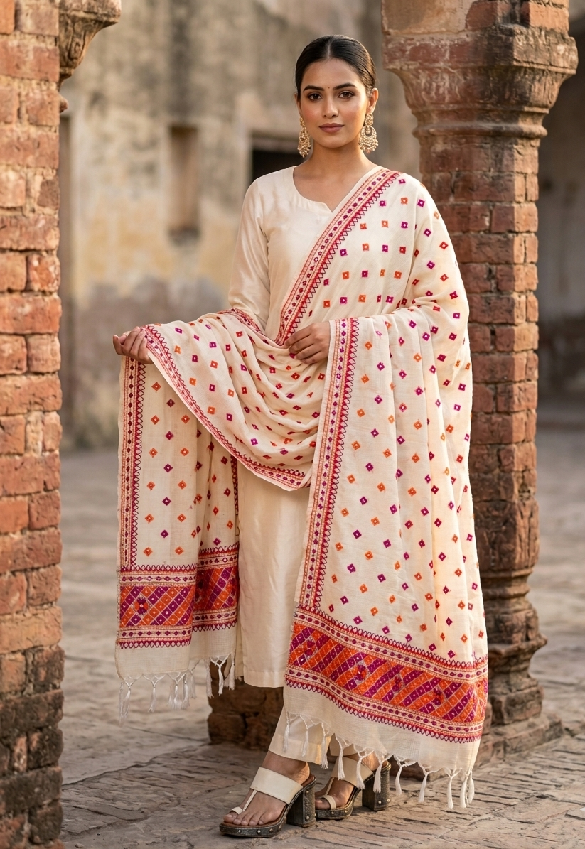 Hand embroidered Phulkari Dupatta with orange and pink thread work for women by