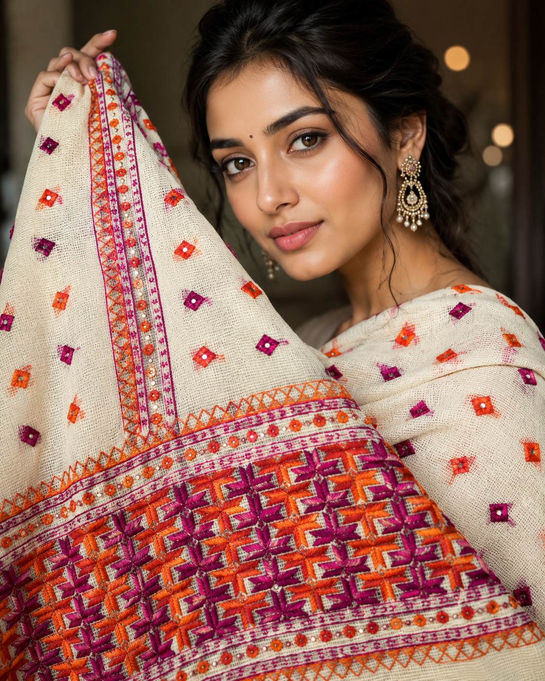 Orange and pink hand embroidered Phulkari dupatta for women with traditional Punjabi floral embroidery, lightweight ethnic festive wear by