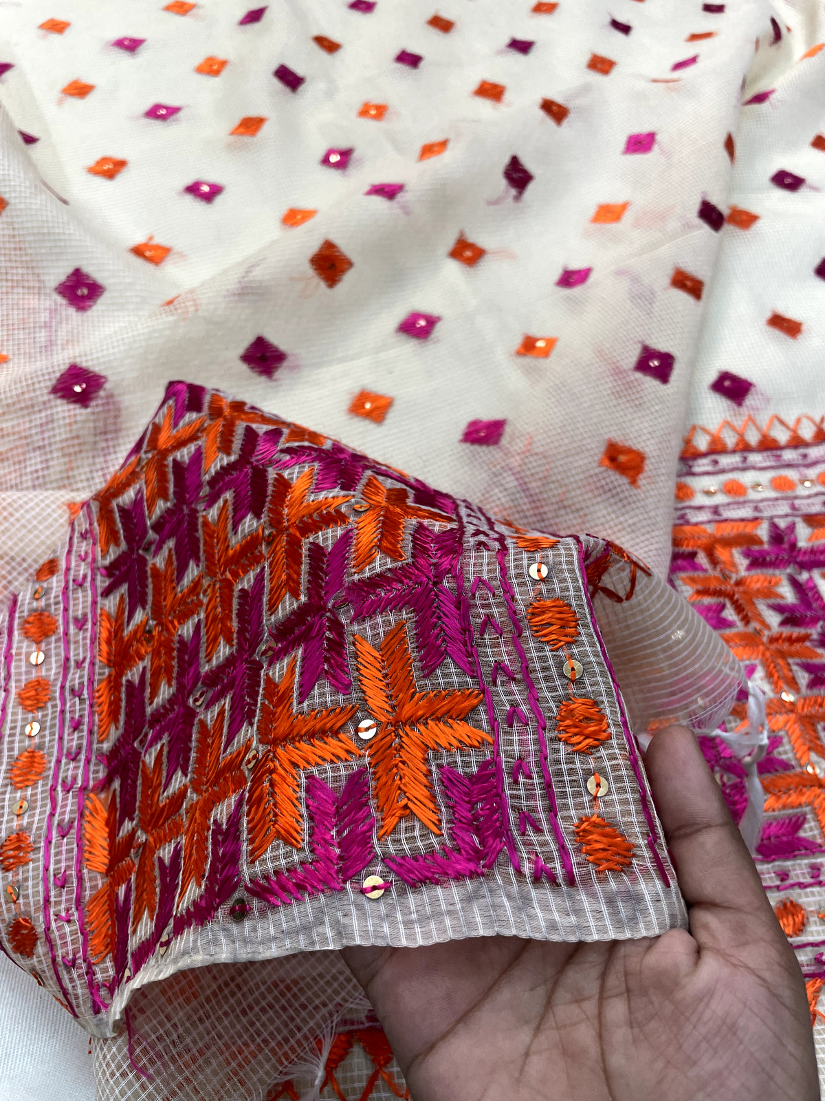 Orange and pink hand embroidered Phulkari dupatta for women with traditional Punjabi floral embroidery, lightweight ethnic festive wear by
