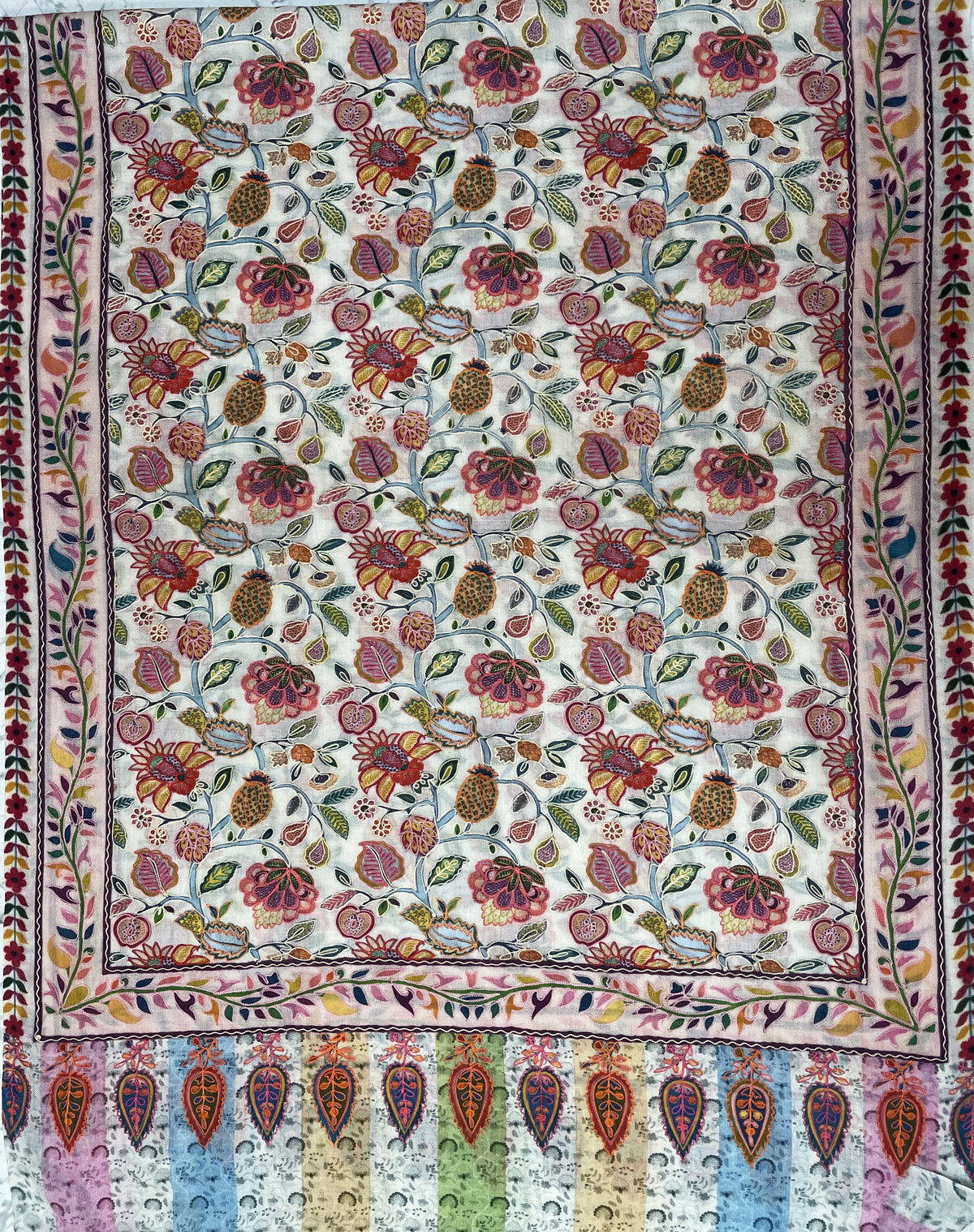 Women's multicolor Kalamkari stole featuring a pastel Paisley border with elegant traditional craftsmanship by The Amritsar Store.