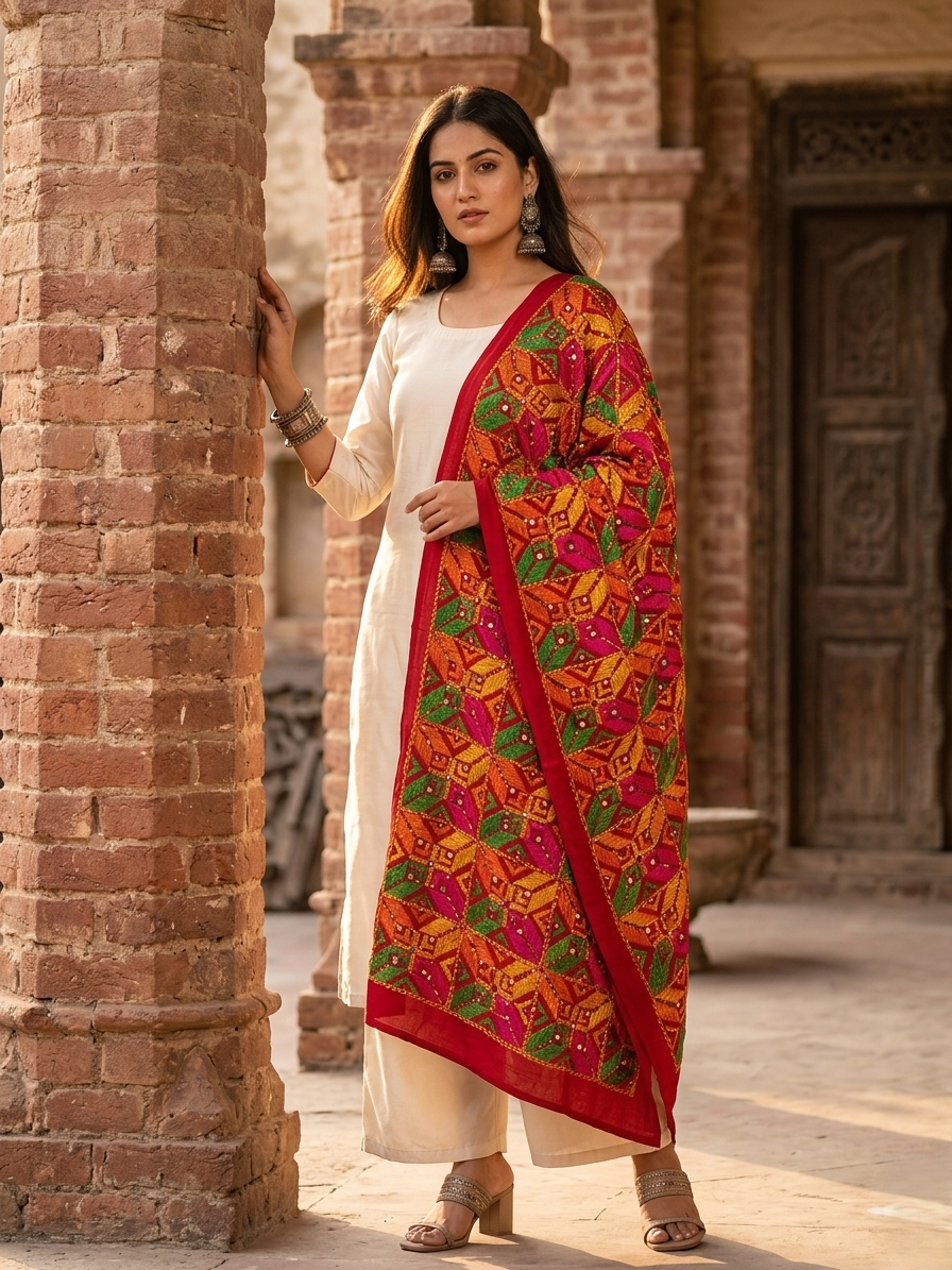 Hand embroidered Phulkari Bagh mirror work dupatta for women by The Amritsar Store featuring traditional Punjabi embroidery and mirror detailing