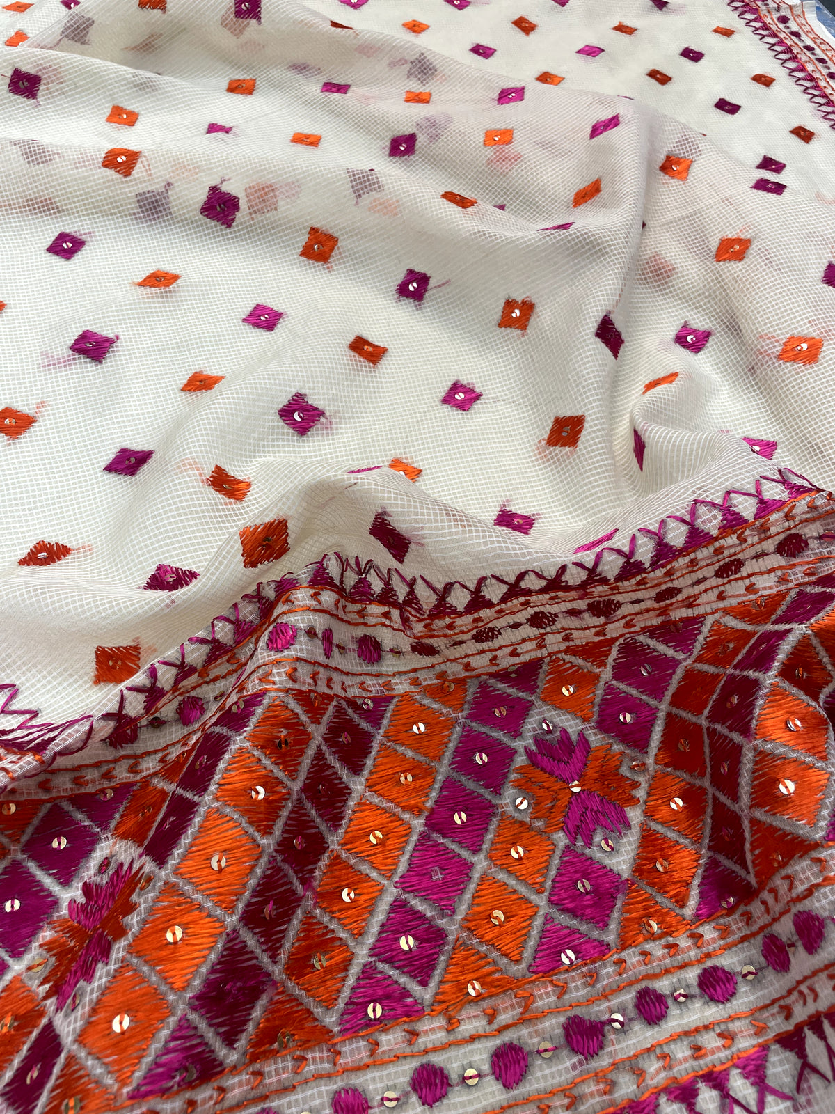 Hand embroidered Phulkari Dupatta with orange and pink thread work for women by