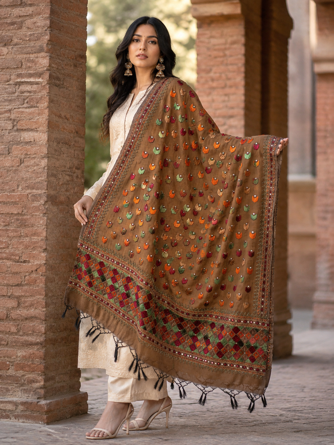 Hand embroidered Phulkari dupatta for women with traditional Punjabi embroidery by