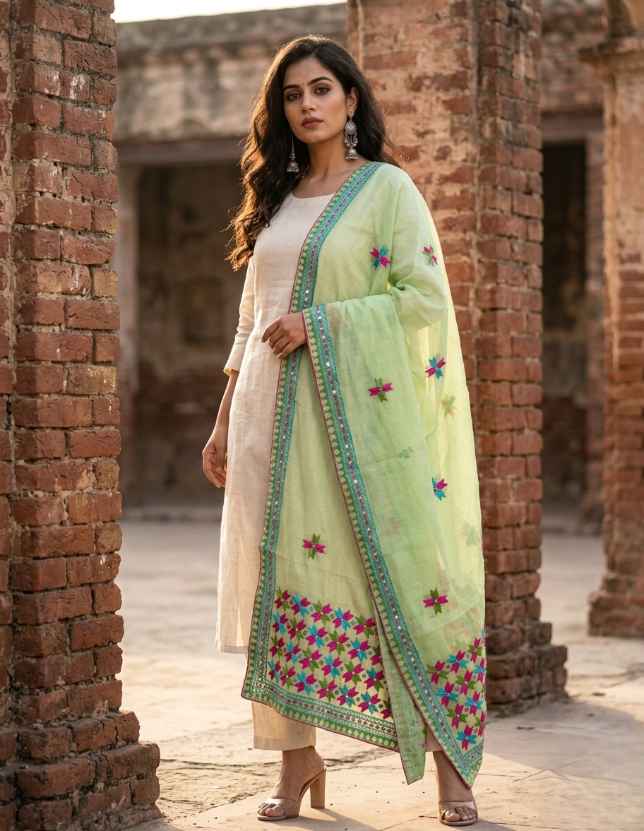 The Amritsar Store Phulkari Dupatta – Hand Embroidered with Magenta Thread on Elegant Fabric