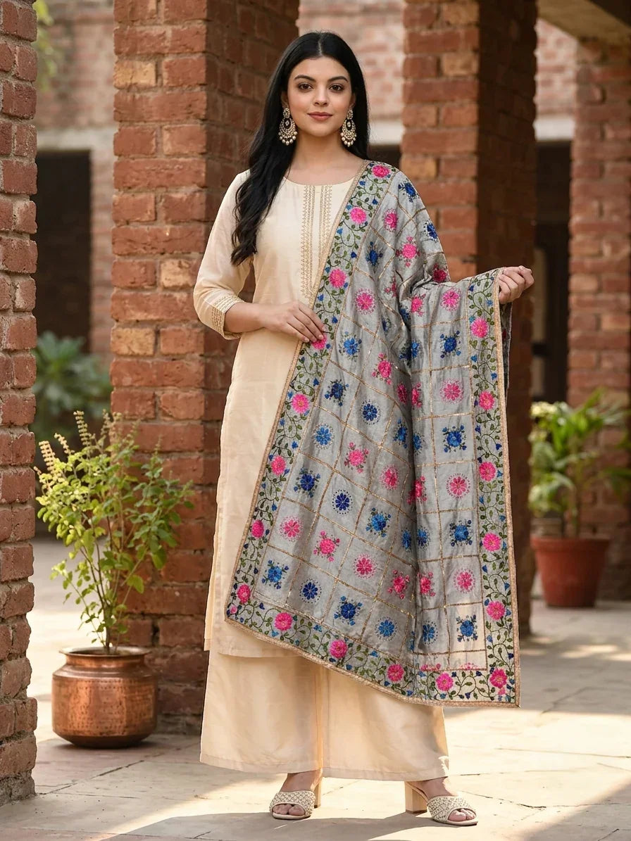 Phulkari Dupatta – Embroidered Grey Dupatta for Women | The Amritsar Store - The Amritsar Store