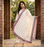 Hand embroidered off white Phulkari dupatta for women featuring traditional Punjabi embroidery and intricate artisan craftsmanship.