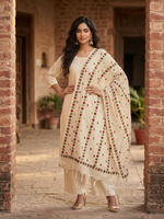 Hand embroidered off white Kota Doria phulkari dupatta for women featuring delicate floral embroidery, lightweight ethnic wrap for traditional and festive wear.