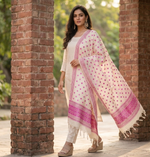Hand embroidered Phulkari dupatta in off white with pink threadwork and traditional Punjabi design