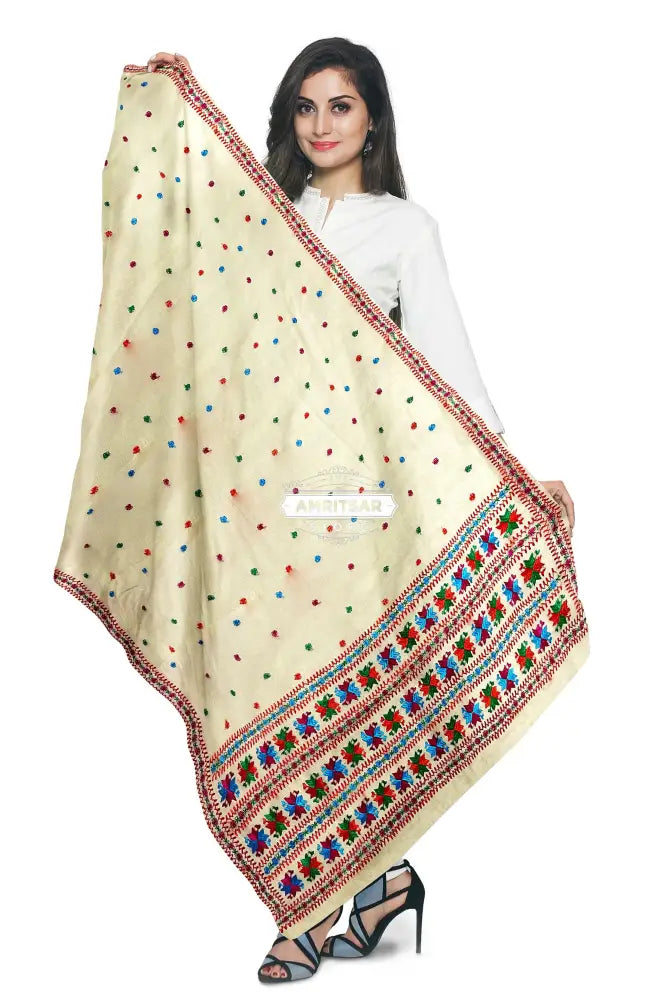 Phulkari Dupatta Hand Embroidered on Lemon Color With Multicolor Threads Phulkari