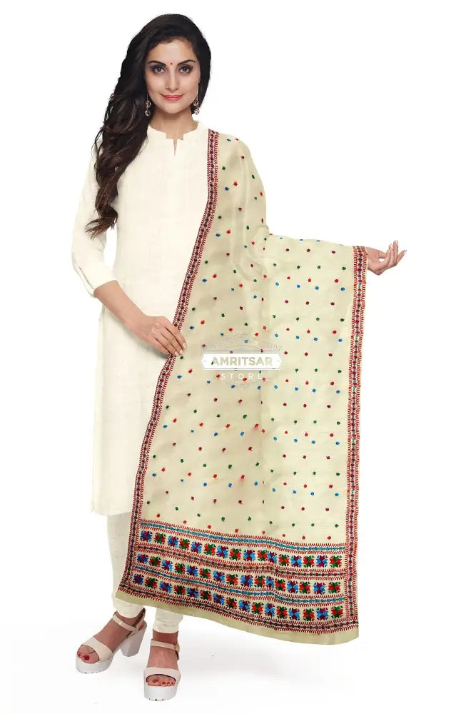 Phulkari Dupatta Hand Embroidered on Lemon Color With Multicolor Threads Phulkari