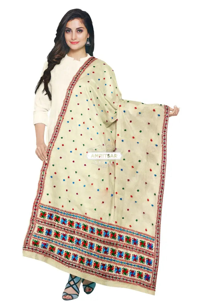 Phulkari Dupatta Hand Embroidered on Lemon Color With Multicolor Threads Phulkari