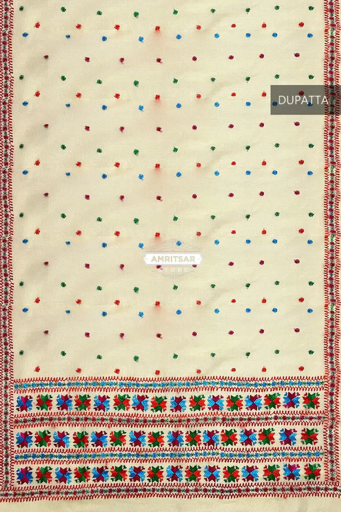 Phulkari Dupatta Hand Embroidered on Lemon Color With Multicolor Threads Phulkari