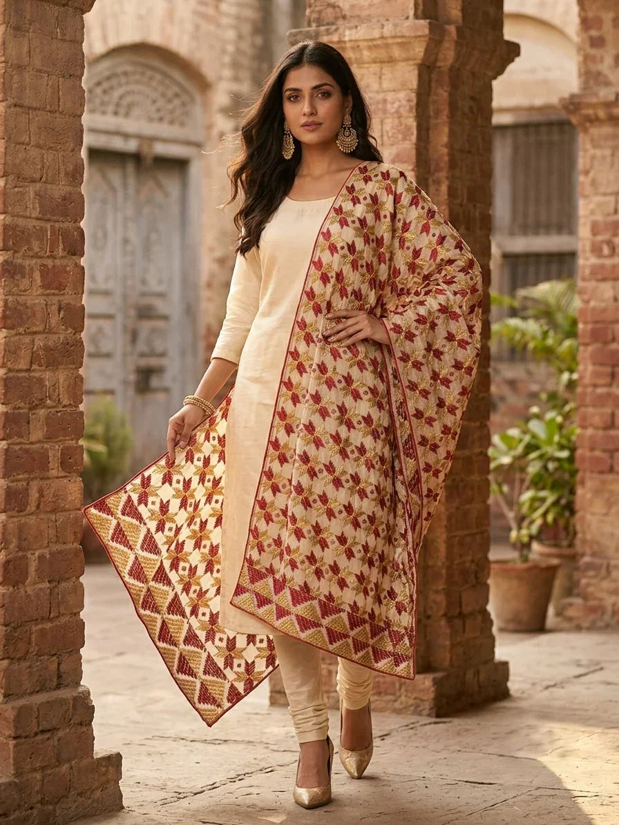 Phulkari Dupatta - Off-White with Maroon & Mustard Embroidery | The Amritsar Store - The Amritsar Store