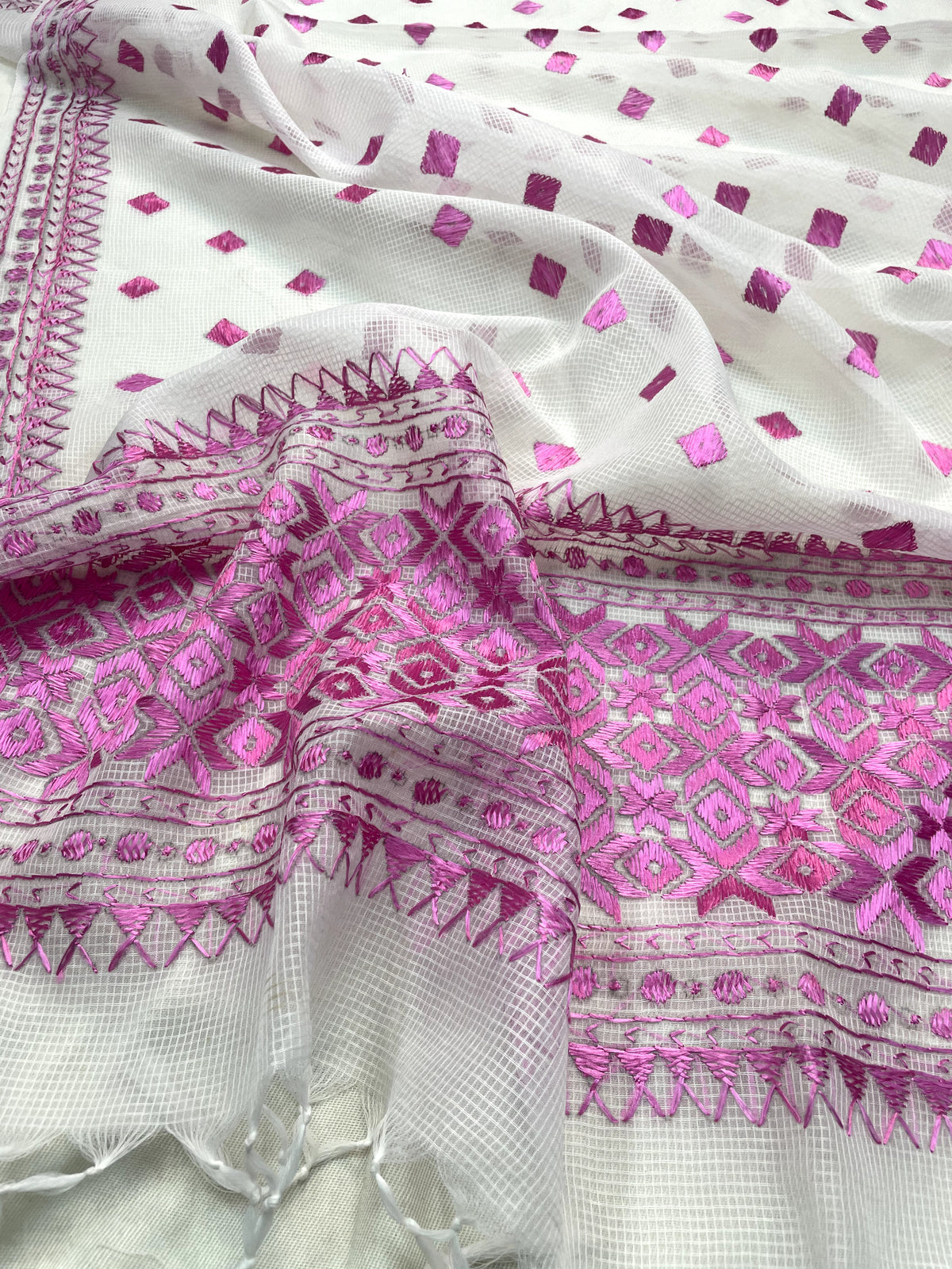 Hand embroidered Phulkari dupatta in off white with pink threadwork and traditional Punjabi design