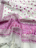 Hand embroidered Phulkari dupatta in off white with pink threadwork and traditional Punjabi design