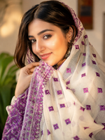 Phulkari Dupatta in off white and purple with hand embroidery for women by