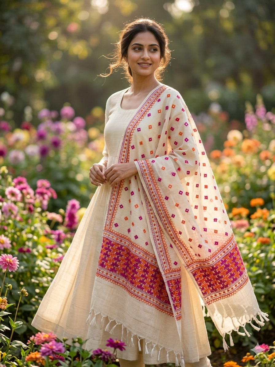 Orange and pink hand embroidered Phulkari dupatta for women with traditional Punjabi floral embroidery, lightweight ethnic festive wear by