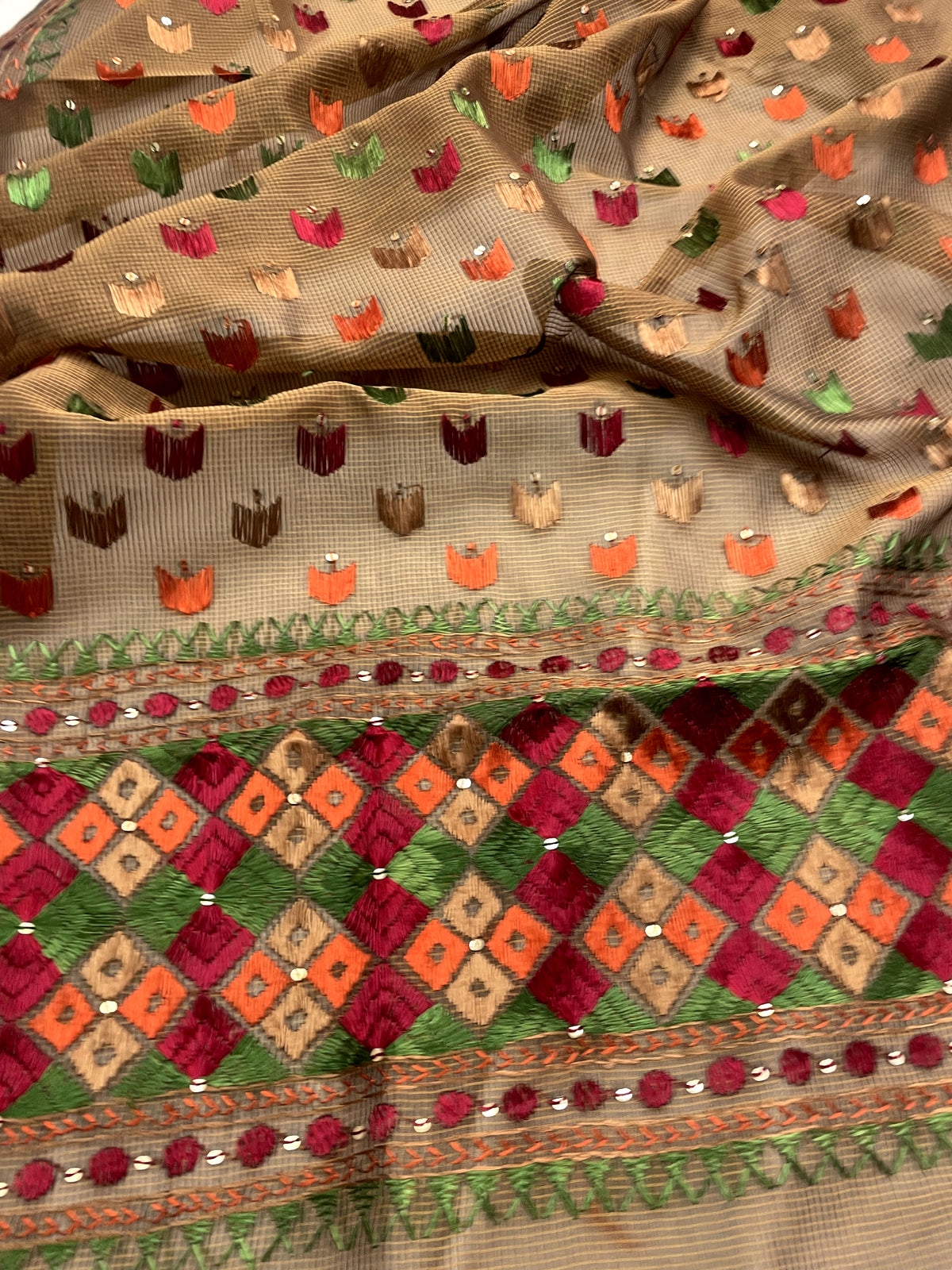 Hand embroidered Phulkari dupatta for women with traditional Punjabi embroidery by