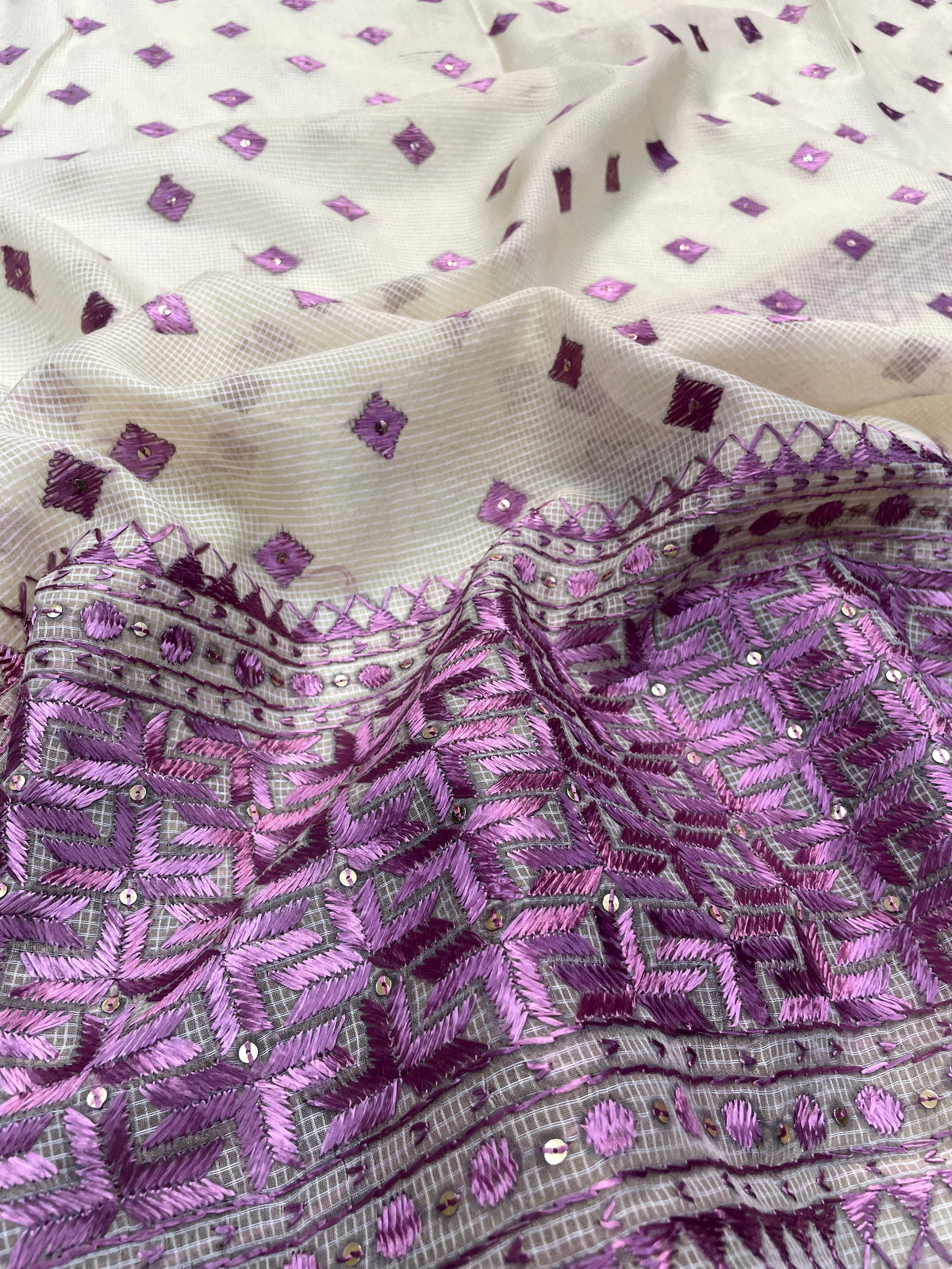 Phulkari Dupatta in off white and purple with hand embroidery for women by