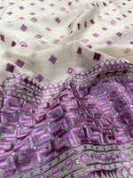 Phulkari Dupatta in off white and purple with hand embroidery for women by
