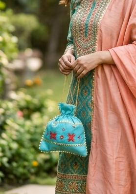 Phulkari hand embroidered potli bag with traditional floral design and golden lace detailing