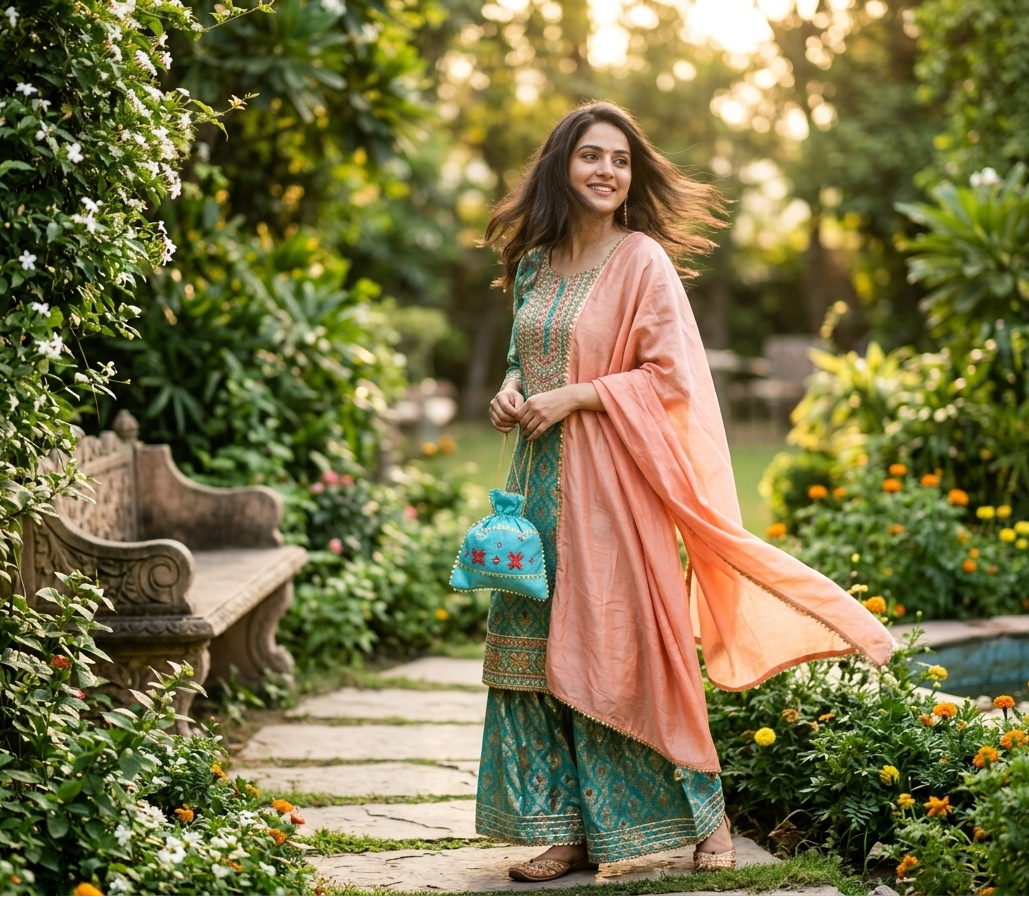 Phulkari hand embroidered potli bag with traditional floral design and golden lace detailing