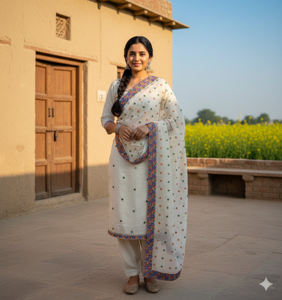 The Amritsar Store Phulkari Hand Embroidered Dupatta in cream color adorned with vibrant multicolor thread work, showcasing traditional Punjabi craftsmanship and elegance.