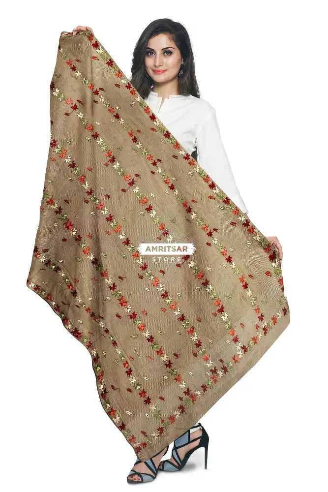 Phulkari Hand Embroidered Dupatta With Multricolor on Brown Phulkari