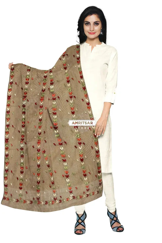 Phulkari Hand Embroidered Dupatta With Multricolor on Brown Phulkari