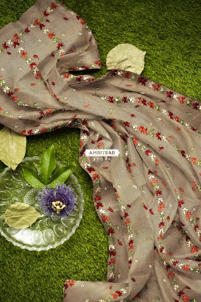 Phulkari Hand Embroidered Dupatta With Multricolor on Brown Phulkari