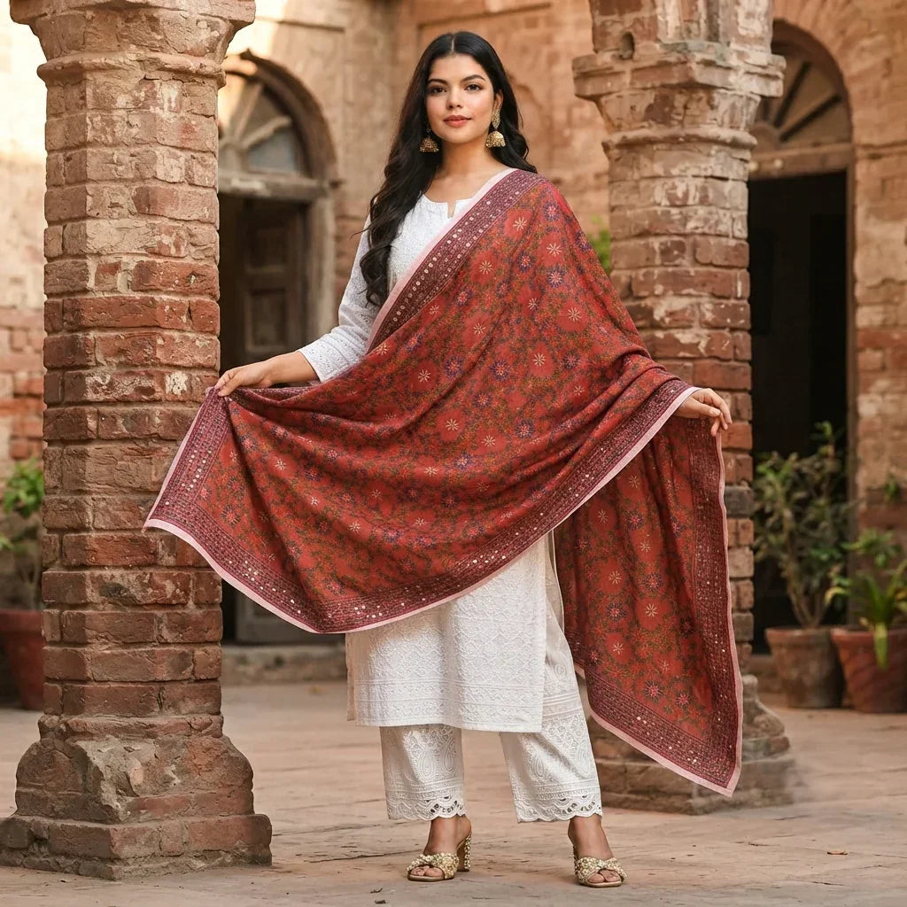 Phulkari Dupatta – Hand Embroidered Red Dupatta With Multicolor Embroidery| The Amritsar Store - The Amritsar Store