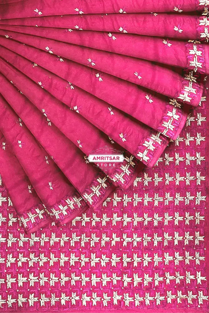 Phulkari Hand Embroidery Saree with Heritage Charm in Magenta color Phulkari