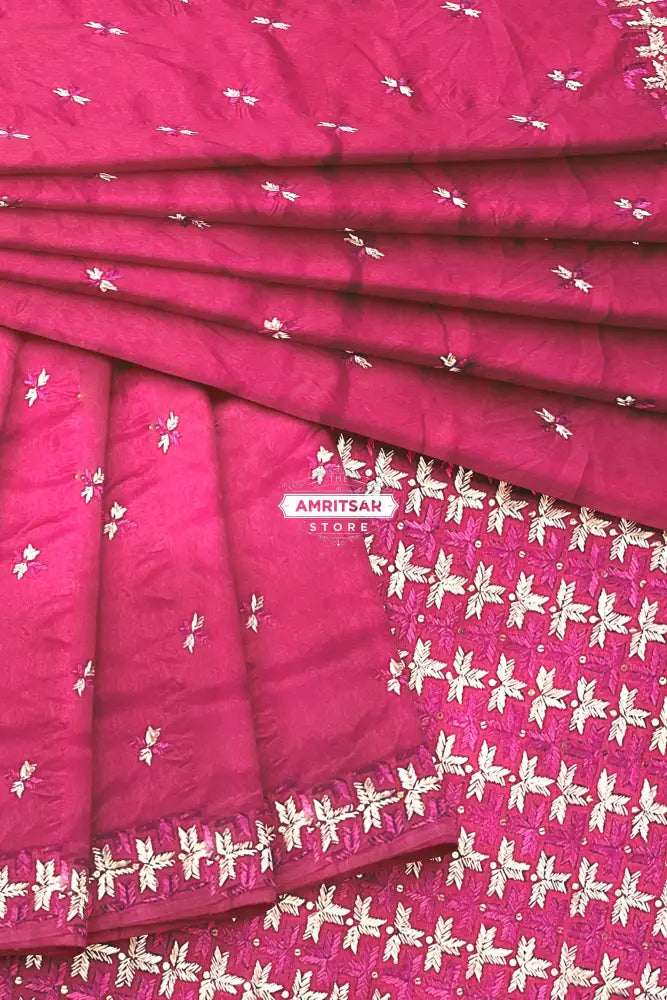 Phulkari Hand Embroidery Saree with Heritage Charm in Magenta color Phulkari