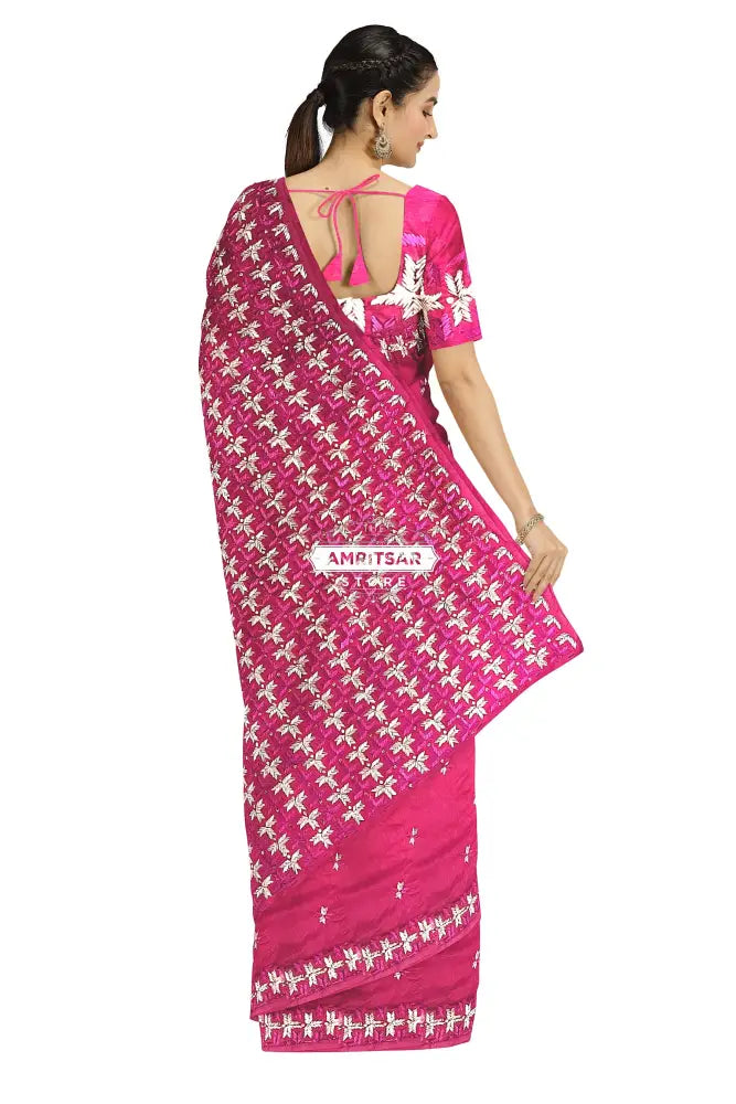 Phulkari Hand Embroidery Saree with Heritage Charm in Magenta color Phulkari