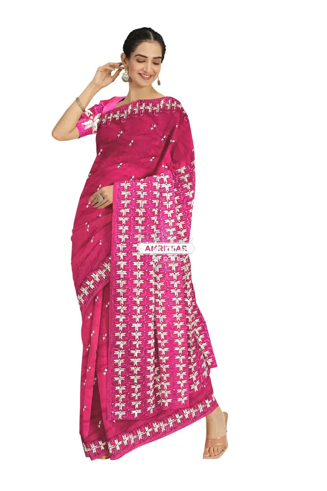 Phulkari Hand Embroidery Saree with Heritage Charm in Magenta color Phulkari