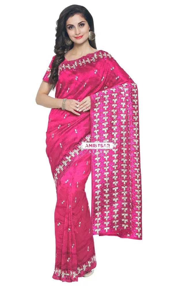 Phulkari Hand Embroidery Saree with Heritage Charm in Magenta color Phulkari