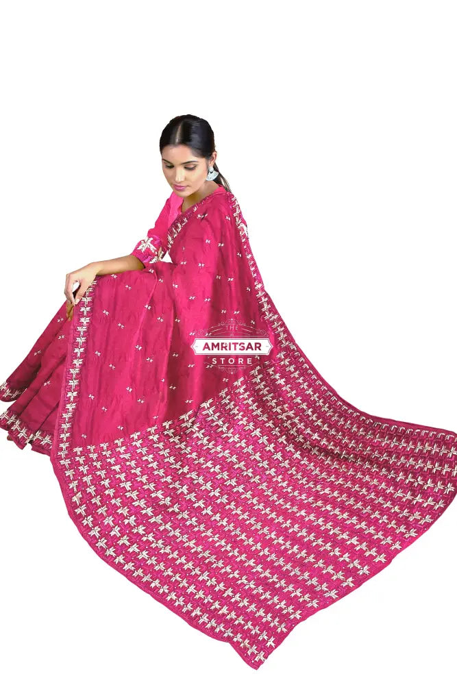 Phulkari Hand Embroidery Saree with Heritage Charm in Magenta color Phulkari