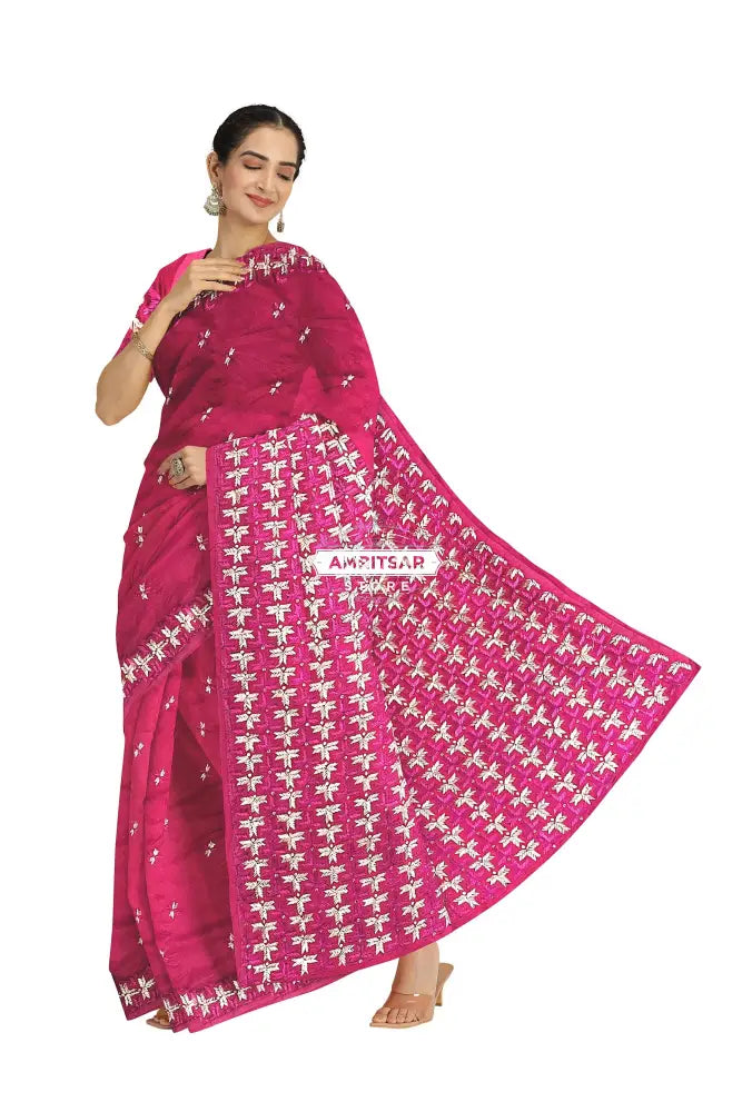 Phulkari Hand Embroidery Saree with Heritage Charm in Magenta color Phulkari