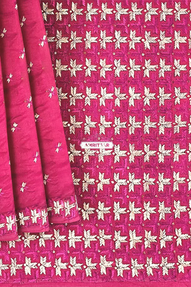 Phulkari Hand Embroidery Saree with Heritage Charm in Magenta color Phulkari