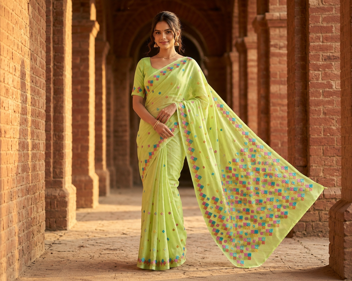 Hand embroidered green Phulkari saree for women with traditional Punjabi embroidery