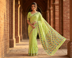 Hand embroidered green Phulkari saree for women with traditional Punjabi embroidery